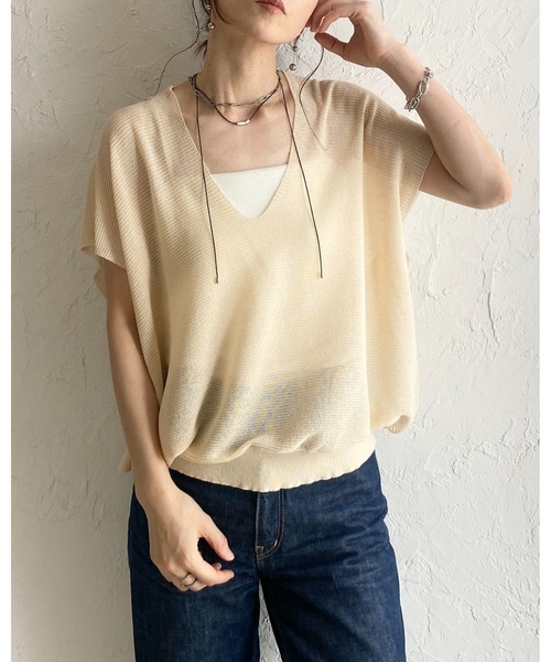 She's Closet(シーズクローゼット)の「ショート丈 半袖 ドルマンスリーブ 深Vネック シアーニット トップス(ニット/セーター・レディース・アイボリー/モカ/ブラック・FREE)」の21枚目の写真