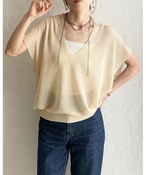 She's Closet(シーズクローゼット)の「ショート丈 半袖 ドルマンスリーブ 深Vネック シアーニット トップス(ニット/セーター・レディース・アイボリー/モカ/ブラック・FREE)」の20枚目の写真