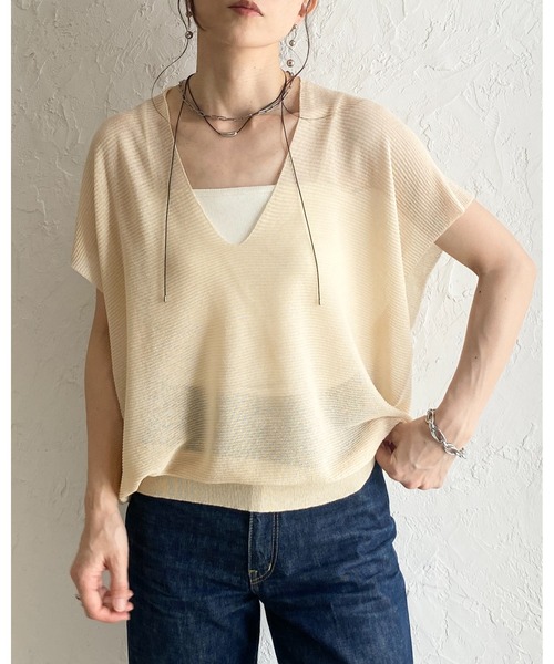 She's Closet(シーズクローゼット)の「ショート丈 半袖 ドルマンスリーブ 深Vネック シアーニット トップス(ニット/セーター・レディース・アイボリー/モカ/ブラック・FREE)」の19枚目の写真