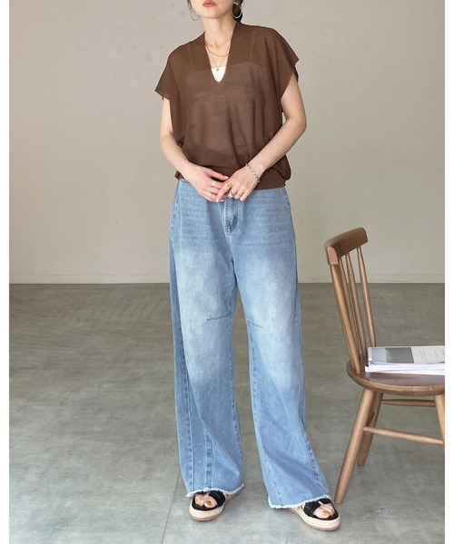 She's Closet(シーズクローゼット)の「ショート丈 半袖 ドルマンスリーブ 深Vネック シアーニット トップス(ニット/セーター・レディース・アイボリー/モカ/ブラック・FREE)」の12枚目の写真