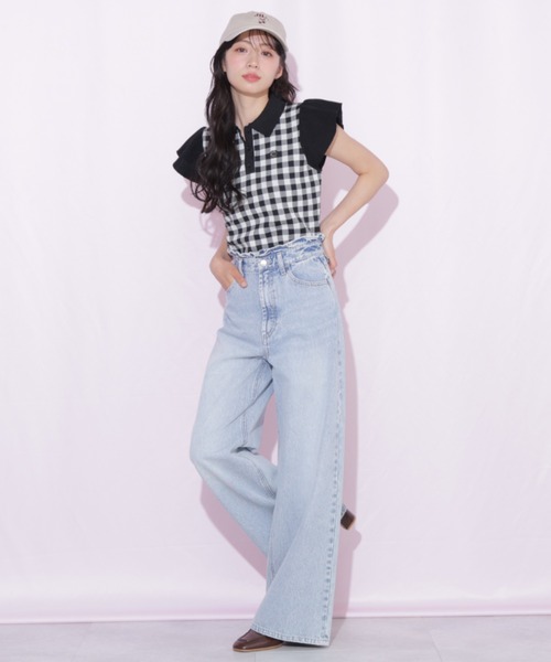 JILL by JILL STUART(ジルバイジルスチュアート)の「ウエストフリルワイドデニム(デニムパンツ・レディース・ブルー/ピンク・MEDIUM/SMALL)」の2枚目の写真