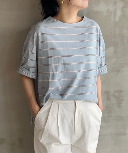 HELIOPOLE(エリオポール)の「RETRO MULTI BORDER TEE / レトロ マルチボーダー Tシャツ(Tシャツ/カットソー・レディース・ブルー/ダークブラウン・38)」の2枚目の写真