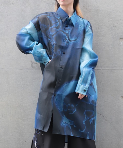 REZEN(リゼン)の「風神雷神シアーロングシャツ(シャツ/ブラウス・メンズ・ブルーパープル/ローズ/ライトグレー・MEDIUM/LARGE)」の1枚目の写真