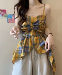 チェック柄アシメフリルキャミトップス