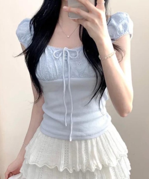 semplice(センプリチェ)の「Tシャツ【韓国ファッション】(Tシャツ/カットソー・レディース・ブルー/ブラウン/ホワイト・F)」の1枚目の写真