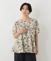 インド製リネン混花柄ペプラムブラウス