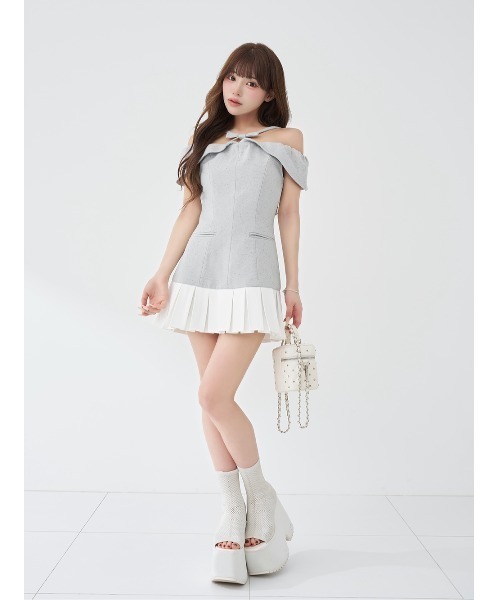 Darich(ダーリッチ)の「ツイードクロスリボンプリーツミニワンピース(ワンピース・レディース・ブラック/ホワイト/グレー/ピンク・FREE/FL)」の6枚目の写真
