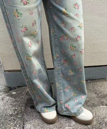 flower print wide leg denim pants