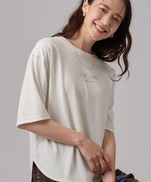 SHOO・LA・RUE | 【S-LL/体型カバー】インせず着られる 配色ステッチ 5分袖ロゴTシャツ(Tシャツ/カットソー)