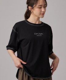 SHOO・LA・RUE | 【S-LL/体型カバー】インせず着られる 配色ステッチ 5分袖ロゴTシャツ(Tシャツ/カットソー)
