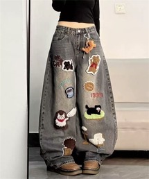 立体感刺繍ワイドデニムパンツ