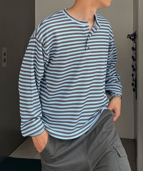 CIAOPANIC(チャオパニック)の「ボーダーワッフルヘンリーネックロンT(Tシャツ/カットソー・メンズ・サックスブルー/ミント・MEDIUM/LARGE)」の1枚目の写真
