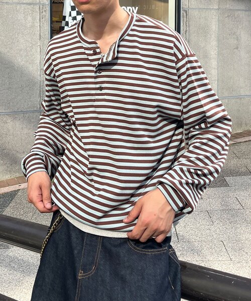 CIAOPANIC(チャオパニック)の「ボーダーワッフルヘンリーネックロンT(Tシャツ/カットソー・メンズ・サックスブルー/ミント・MEDIUM/LARGE)」の2枚目の写真