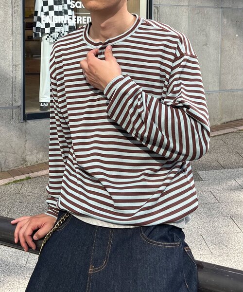 CIAOPANIC(チャオパニック)の「ボーダーワッフルヘンリーネックロンT(Tシャツ/カットソー・メンズ・サックスブルー/ミント・MEDIUM/LARGE)」の3枚目の写真