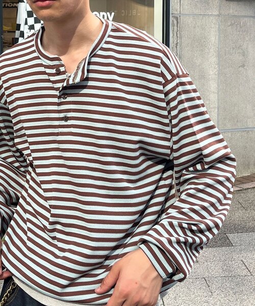 CIAOPANIC(チャオパニック)の「ボーダーワッフルヘンリーネックロンT(Tシャツ/カットソー・メンズ・サックスブルー/ミント・MEDIUM/LARGE)」の4枚目の写真