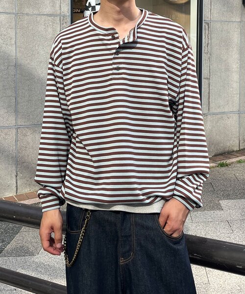 CIAOPANIC(チャオパニック)の「ボーダーワッフルヘンリーネックロンT(Tシャツ/カットソー・メンズ・サックスブルー/ミント・MEDIUM/LARGE)」の5枚目の写真
