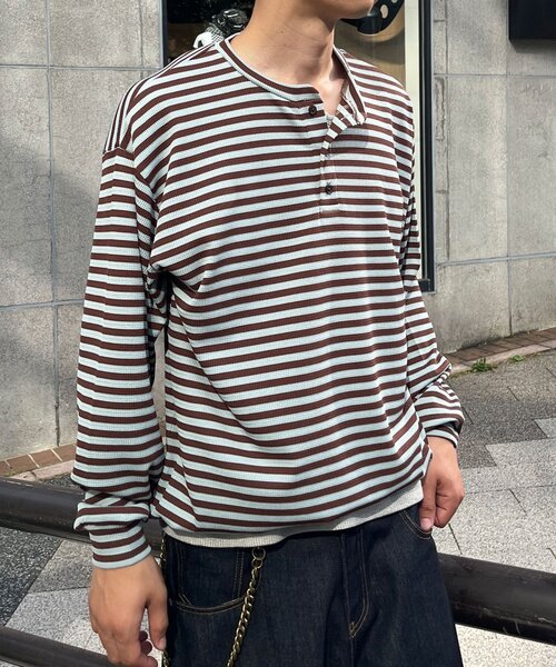 CIAOPANIC(チャオパニック)の「ボーダーワッフルヘンリーネックロンT(Tシャツ/カットソー・メンズ・サックスブルー/ミント・MEDIUM/LARGE)」の6枚目の写真
