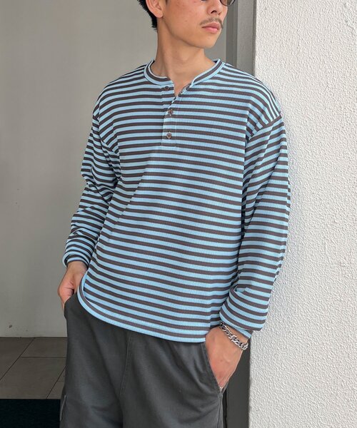 CIAOPANIC(チャオパニック)の「ボーダーワッフルヘンリーネックロンT(Tシャツ/カットソー・メンズ・サックスブルー/ミント・MEDIUM/LARGE)」の10枚目の写真