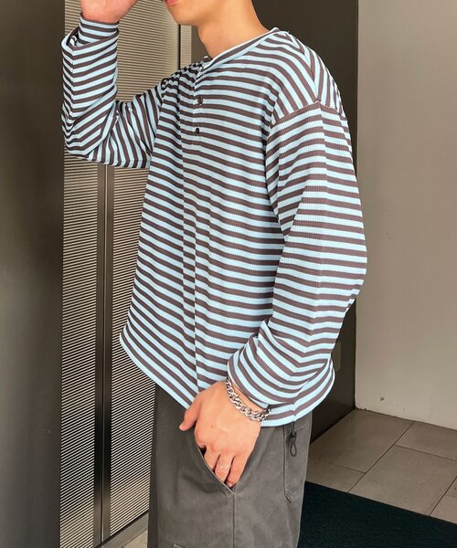 CIAOPANIC(チャオパニック)の「ボーダーワッフルヘンリーネックロンT(Tシャツ/カットソー・メンズ・サックスブルー/ミント・MEDIUM/LARGE)」の12枚目の写真