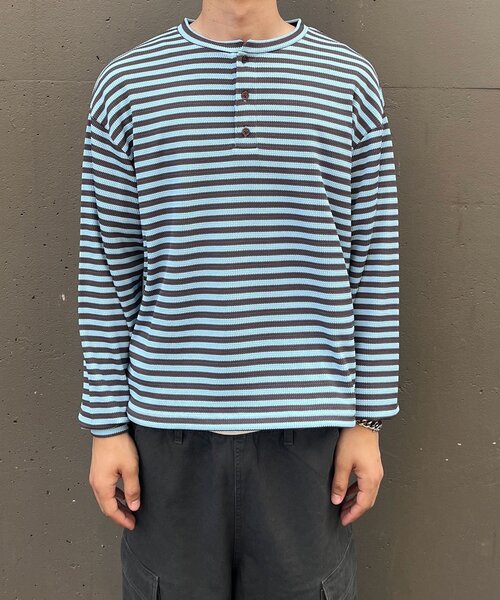 CIAOPANIC(チャオパニック)の「ボーダーワッフルヘンリーネックロンT(Tシャツ/カットソー・メンズ・サックスブルー/ミント・MEDIUM/LARGE)」の17枚目の写真