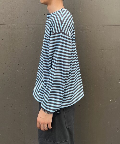CIAOPANIC(チャオパニック)の「ボーダーワッフルヘンリーネックロンT(Tシャツ/カットソー・メンズ・サックスブルー/ミント・MEDIUM/LARGE)」の18枚目の写真