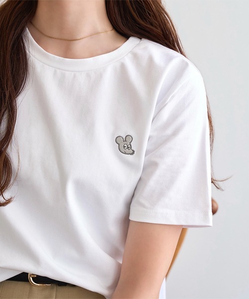 KOBE LETTUCE（コウベレタス）の「[ ねずみくんのチョッキコラボ ] 刺繍半袖Tシャツ（Tシャツ/カットソー・レディース・オフホワイト/ブラック/ブラック系1/ブラック系/ホワイト系/ホワイト系1・M）」の14枚目の写真