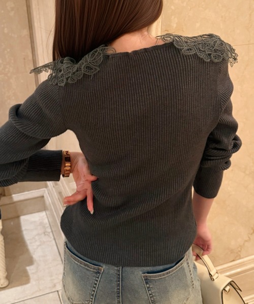 Ada.（エイダ）の「刺繍レース切替 スクエアネック リブ ニット トップス（ニット/セーター・レディース・グレー/ホワイト/ブラック・FREE）」の19枚目の写真