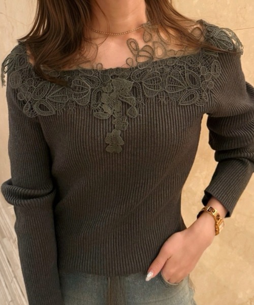 Ada.（エイダ）の「刺繍レース切替 スクエアネック リブ ニット トップス（ニット/セーター・レディース・グレー/ホワイト/ブラック・FREE）」の20枚目の写真