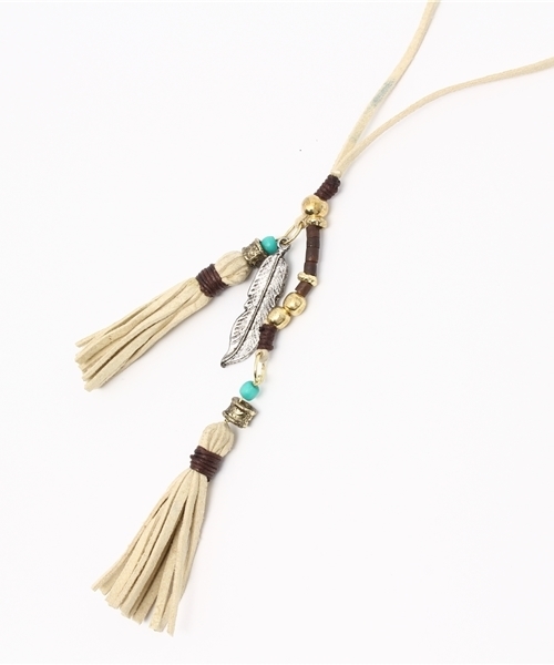 チャイハネ（チャイハネ）の「【チャイハネ】フェザー＆レザーフリンジネックレス（ネックレス・レディース・ブラウン/キナリ/ブラック・FREE）」の6枚目の写真