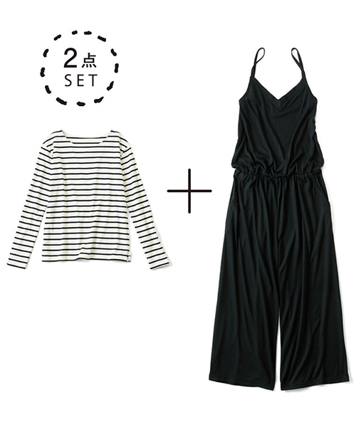 Live in comfort（リブインコンフォート）の「リブ　イン　コンフォート　すぐにコーデがキマって着脱快適　オールインワンとボーダートップスコーデセット＜ブラック＞（つなぎ/オールインワン・レディース・ブラック・MEDIUM/SMALL/LARGE/XX-LARGE/X-LARGE）」の2枚目の写真