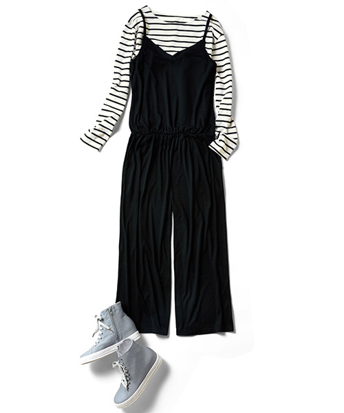 Live in comfort（リブインコンフォート）の「リブ　イン　コンフォート　すぐにコーデがキマって着脱快適　オールインワンとボーダートップスコーデセット＜ブラック＞（つなぎ/オールインワン・レディース・ブラック・MEDIUM/SMALL/LARGE/XX-LARGE/X-LARGE）」の15枚目の写真