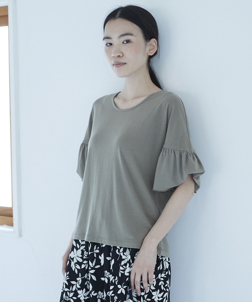 AMERICAN HOLIC（アメリカンホリック）の「・半袖ギャザープルオーバー（Tシャツ/カットソー・レディース・カーキ/ブラック/オフホワイト・FREE）」の3枚目の写真