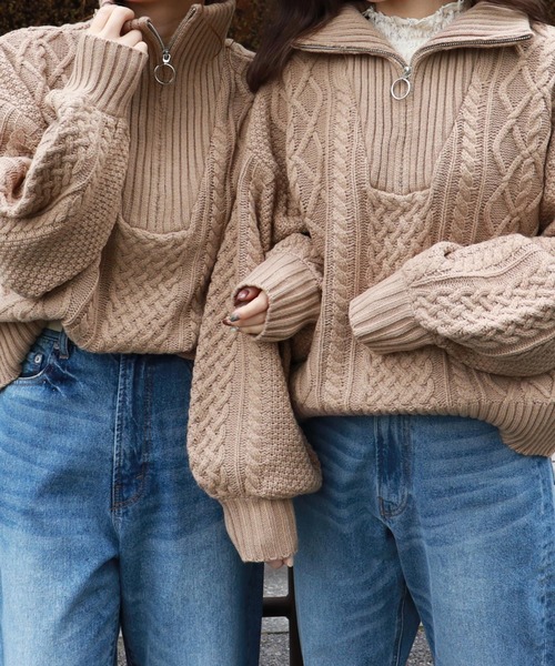 PairPair(ペアペア)の「ケーブル編みハーフジッププルオーバー(ニット/セーター・レディース・モカ/アイボリー/オリーブ・FREE)」の3枚目の写真