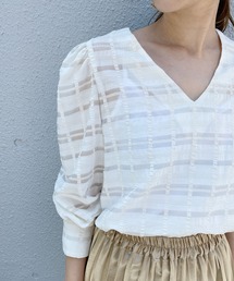 【日本製】パフスリーブチェックブラウス