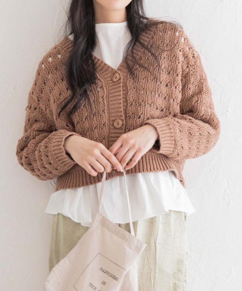 Mysa&Liina(ミーサリーナ)の「メッシュスカシ柄ニットカーディガン(カーディガン/ボレロ・レディース・ブラック/ブラウン/オフホワイト/ブルー・M)」の1枚目の写真