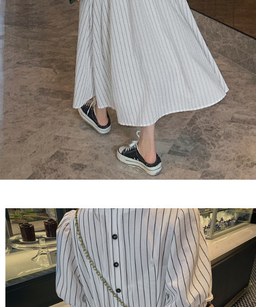 emi+（エミプラス）の「5分袖バックボタンストライプロングワンピース