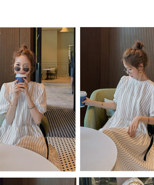 emi+（エミプラス）の「5分袖バックボタンストライプロングワンピース