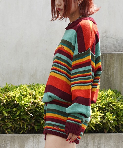 X-girl（エックスガール）の「OVERSIZED KNIT TOP（ニット/セーター・レディース・ライトブルー/ブラック/マルチ・ONE SIZE）」の11枚目の写真