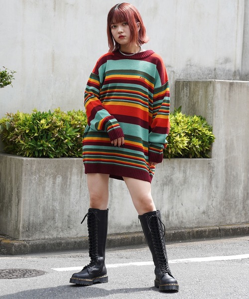 X-girl（エックスガール）の「OVERSIZED KNIT TOP（ニット/セーター・レディース・ライトブルー/ブラック/マルチ・ONE SIZE）」の10枚目の写真