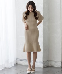 ミディアム丈・バルーン五分袖マーメイドニットワンピース/22000