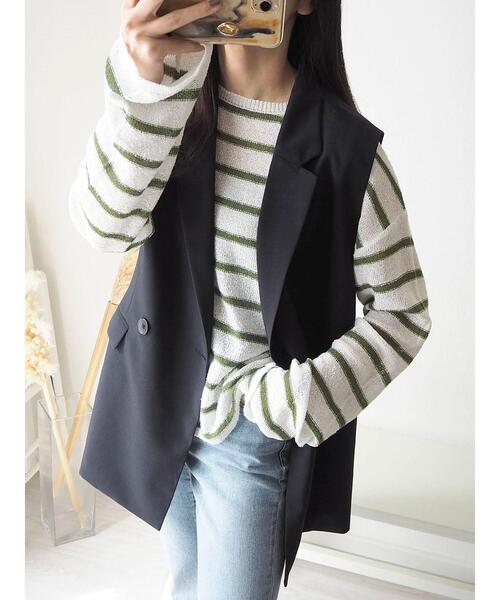 Green　Parks（グリーンパークス）の「ブークレボーダーニットプルオーバー（ニット/セーター・レディース・ベージュ/ホワイト/ブラック・FREE）」の9枚目の写真