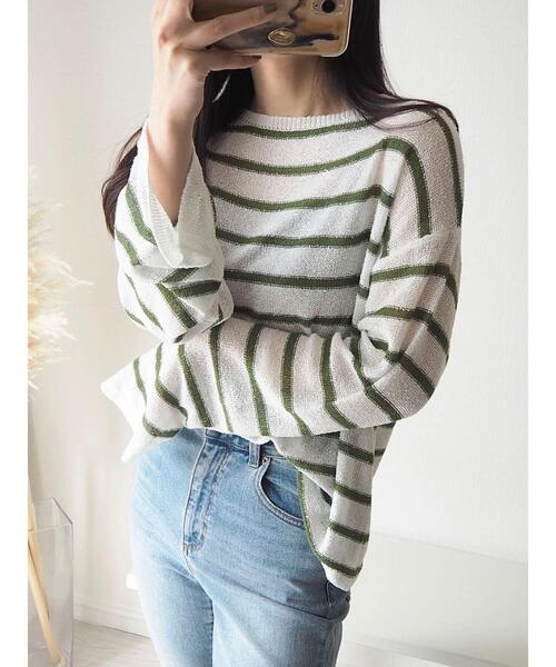 Green　Parks（グリーンパークス）の「ブークレボーダーニットプルオーバー（ニット/セーター・レディース・ベージュ/ホワイト/ブラック・FREE）」の2枚目の写真