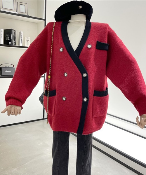 Jasmine Grandiflorum（ジャスミングランディフローラム）の「【Jasmine】ビッグシルエットダブルボタンニットカーディガン（カーディガン/ボレロ・レディース・ブラック/レッド/ブルー/グリーン/ホワイト・FREE）」の5枚目の写真