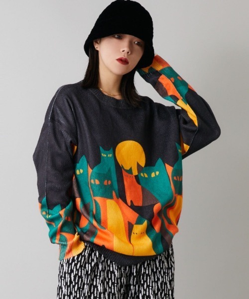 Bloom Closet(ブルームクローゼット)の「よるねこプリントニットソー(ニット/セーター・レディース・アイボリー/ブラック・MEDIUM/LARGE)」の15枚目の写真