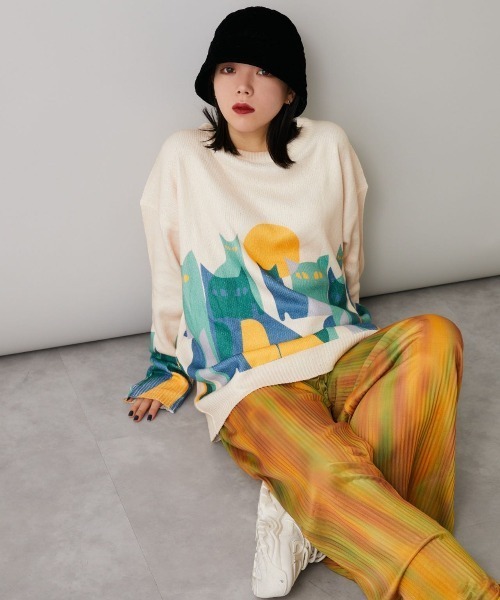Bloom Closet(ブルームクローゼット)の「よるねこプリントニットソー(ニット/セーター・レディース・アイボリー/ブラック・MEDIUM/LARGE)」の7枚目の写真