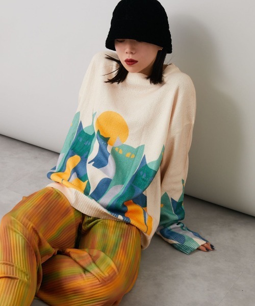 Bloom Closet(ブルームクローゼット)の「よるねこプリントニットソー(ニット/セーター・レディース・アイボリー/ブラック・MEDIUM/LARGE)」の5枚目の写真