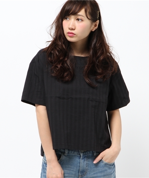 CIAOPANIC（チャオパニック）の「【Ciaopanic】ストライプジャガードPK付T-BL（シャツ/ブラウス・レディース・ブラック/グレー・FREE）」の2枚目の写真