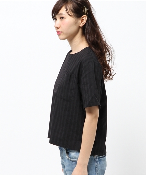 CIAOPANIC（チャオパニック）の「【Ciaopanic】ストライプジャガードPK付T-BL（シャツ/ブラウス・レディース・ブラック/グレー・FREE）」の4枚目の写真