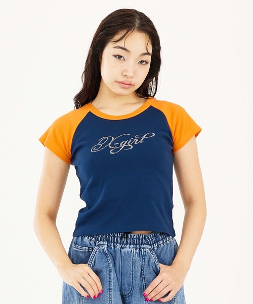 X-girl（エックスガール）の「RHINESTONE LOGO S/S RAGLAN BABY TEE（Tシャツ/カットソー・レディース・ネイビー/ホワイト/ブラック・M/S）」の7枚目の写真