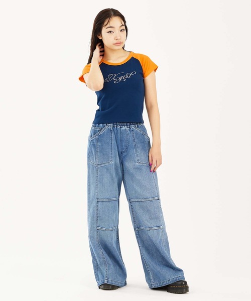 X-girl（エックスガール）の「RHINESTONE LOGO S/S RAGLAN BABY TEE（Tシャツ/カットソー・レディース・ネイビー/ホワイト/ブラック・M/S）」の5枚目の写真